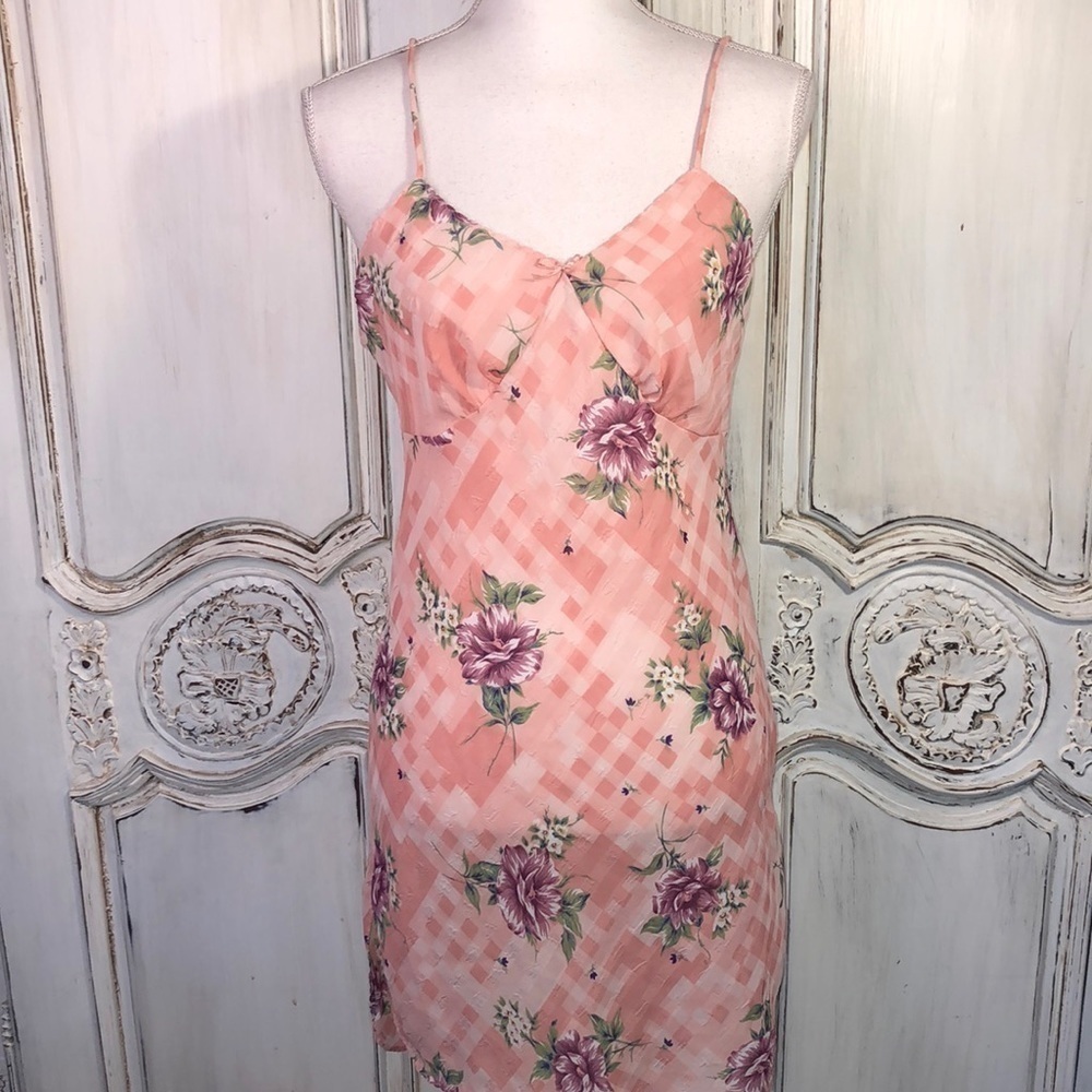 Body Chic Size Medium Spaghetti Strap Plaid and Floral Sheer Nighty Vintage